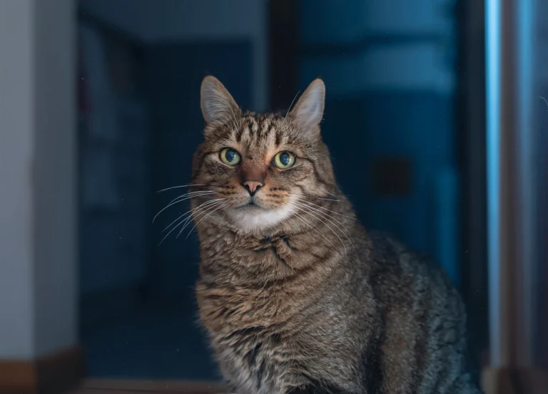 Large tabby cat sitting in a blue room