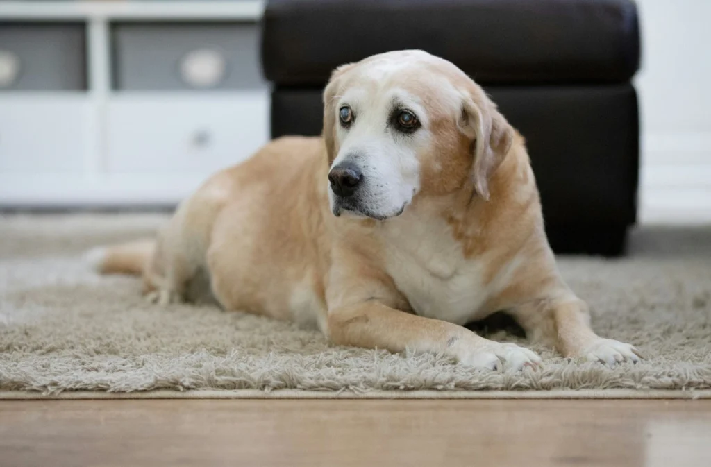 An elderly Labrador Retriever rests on a tan shag rug.