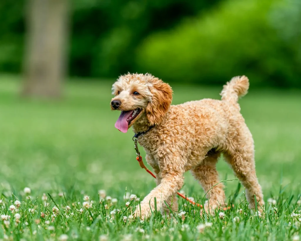 A poodle puppy walks through a green grassy field.